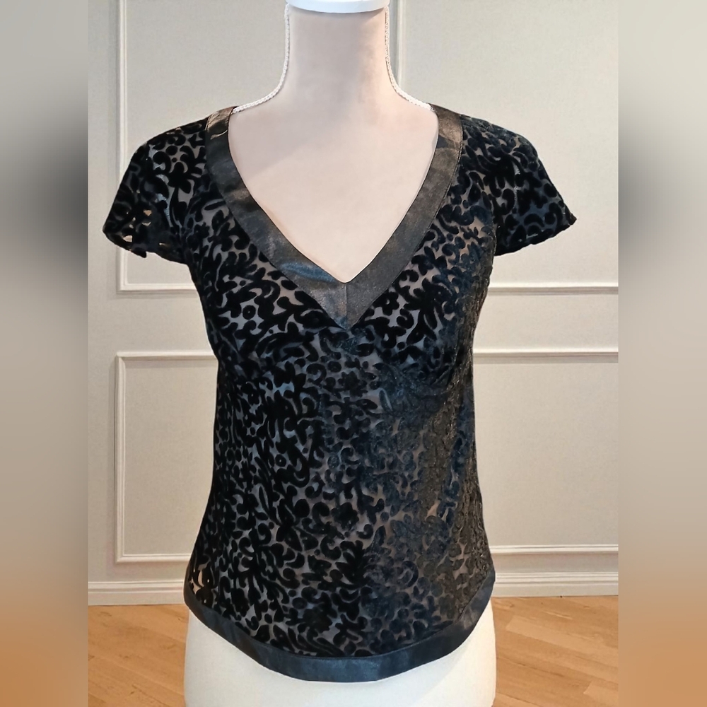 Black Velvet Babydoll Burnout Satin Trimmed Womans Flutter Sleeve Blouse